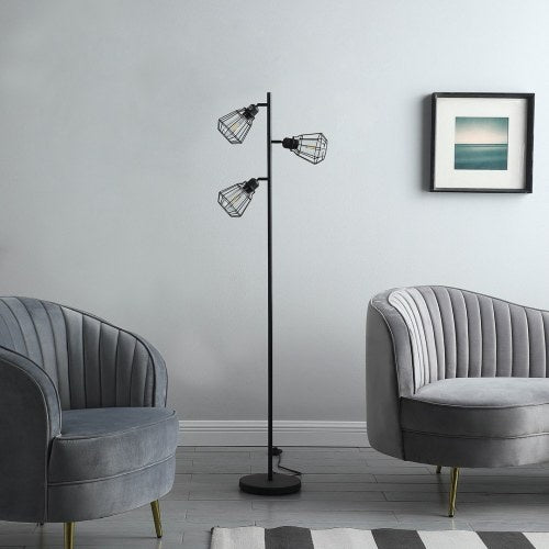 65" Adjustable Industrial Farmhouse Floor Lamp with Matte Black Cage Shades