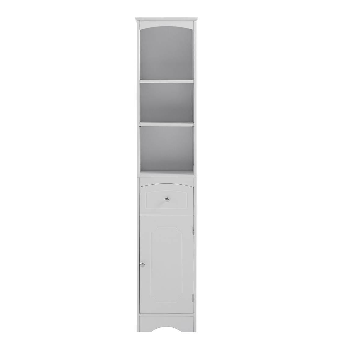 Slim Tall White Bathroom Storage Cabinet โ 3-Tier Shelf + Drawer + Door