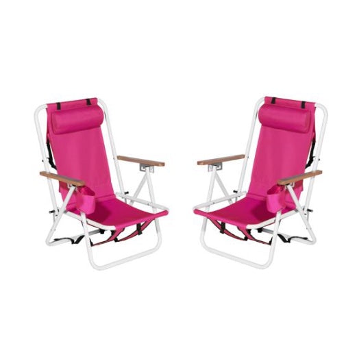 2PCS Folding Beach Chairs β 4-Position Recliner with Backpack Straps, Cup Holder, and Wooden Armrests
