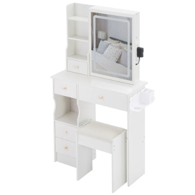 🪞 29.2" Compact Vanity Table with LED Mirror Power Station & Stool