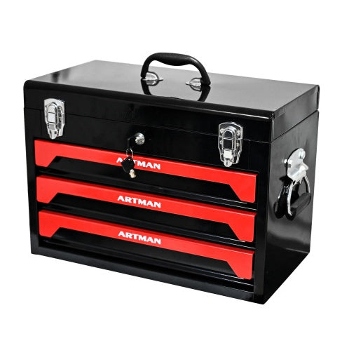π§° 20" Portable 3-Drawer Steel Tool Box β Heavy-Duty Storage with Metal Latch Closure, Black & Red