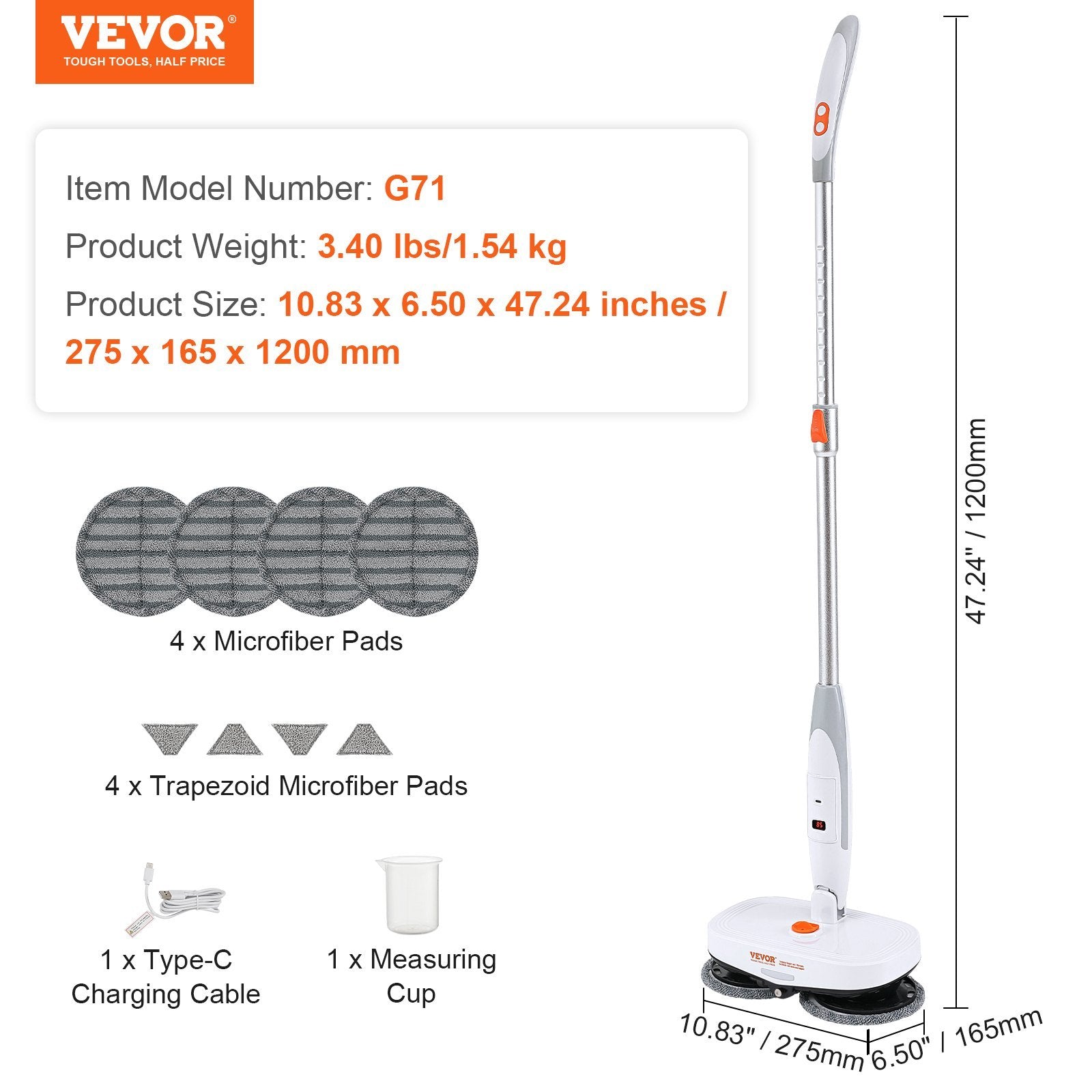 VEVOR Cordless Electric Mop - Dual Spin Mop with LED Light