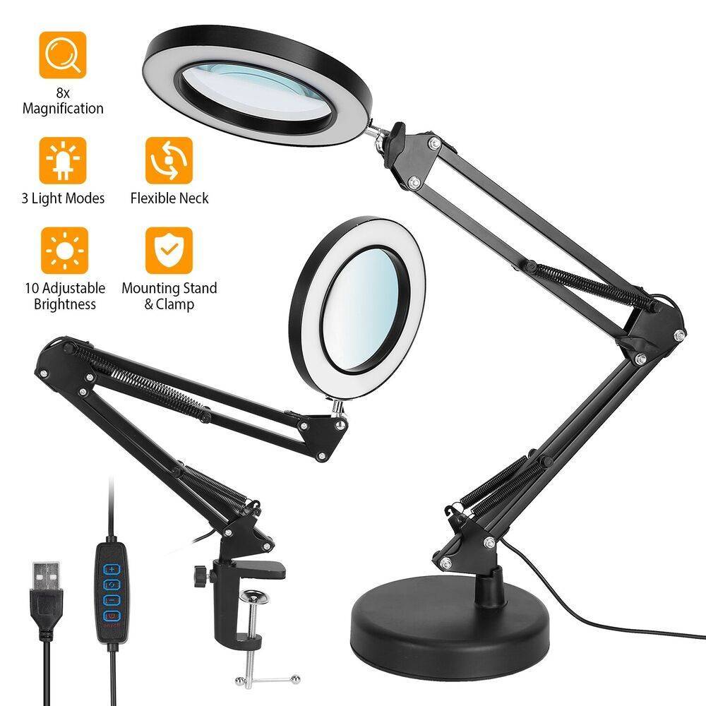 π 10X Magnifying Desk Lamp with LED Light β Adjustable Arm, 3 Color Modes, Stepless Dimming, Clip & Base (Black/White)