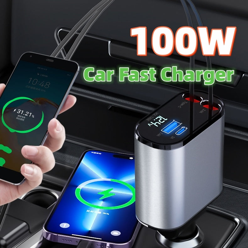 ๐ฑ Metal Car Charger โก USB And TYPE-C - Retractable Cable