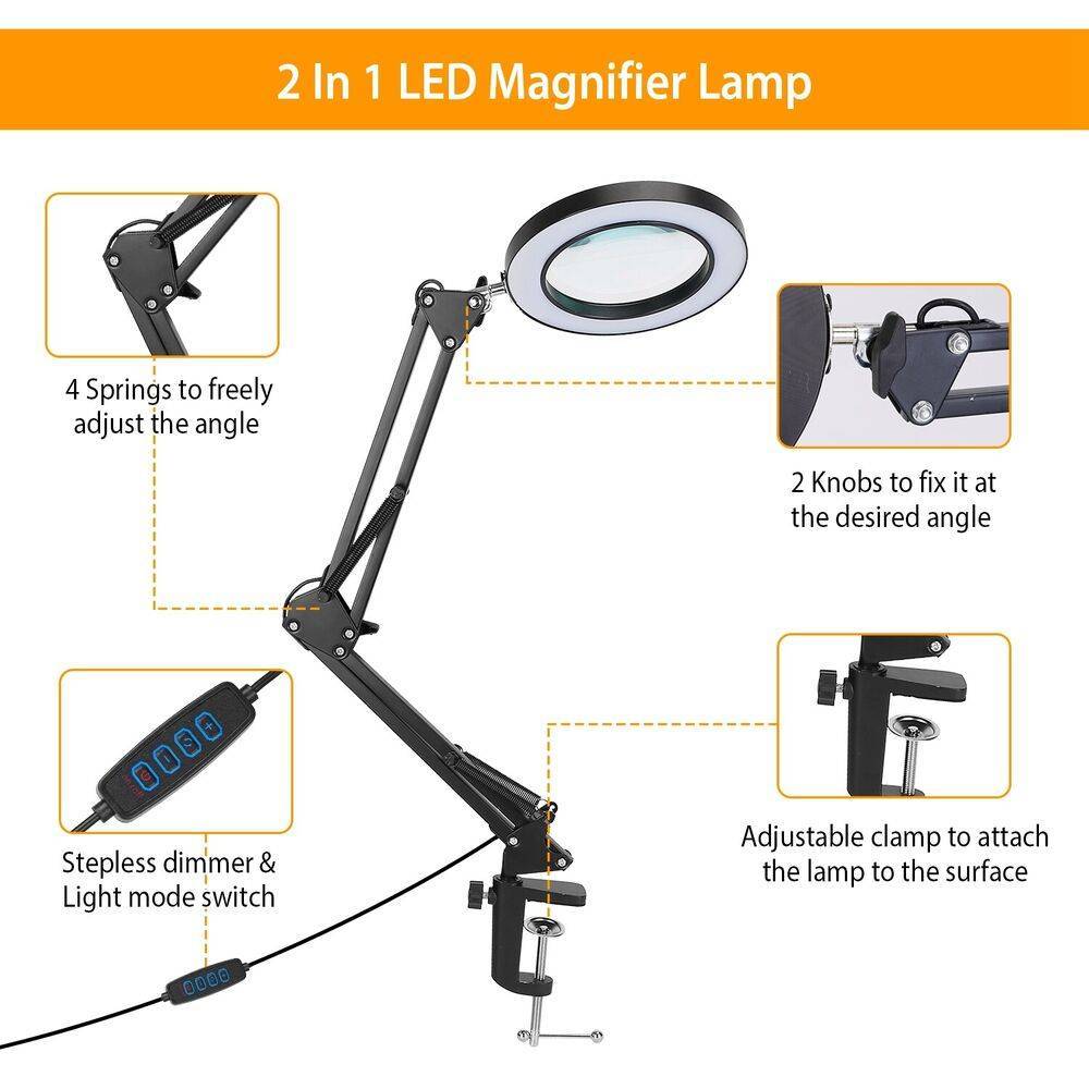 π 10X Magnifying Desk Lamp with LED Light β Adjustable Arm, 3 Color Modes, Stepless Dimming, Clip & Base (Black/White)