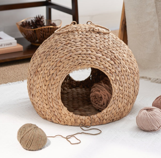 ๐พ Weaving Rattan Circular Cat Bed with Handles