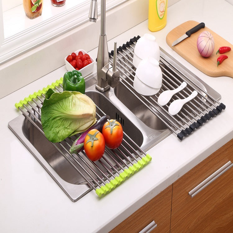 🍽️ Folding Kitchen Sink Rack – Stainless Steel Roll-Up Dish Drying Rack