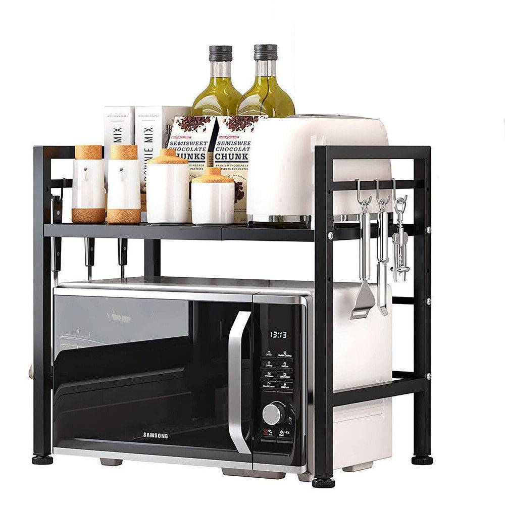 Black Single-Layer Extendable Kitchen Storage Rack – Adjustable Width with 6 Utility Hooks