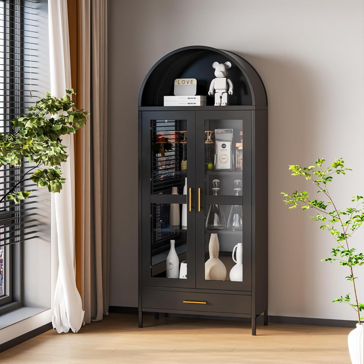 73in" Tall Metal Arched Cabinet with Glass Door