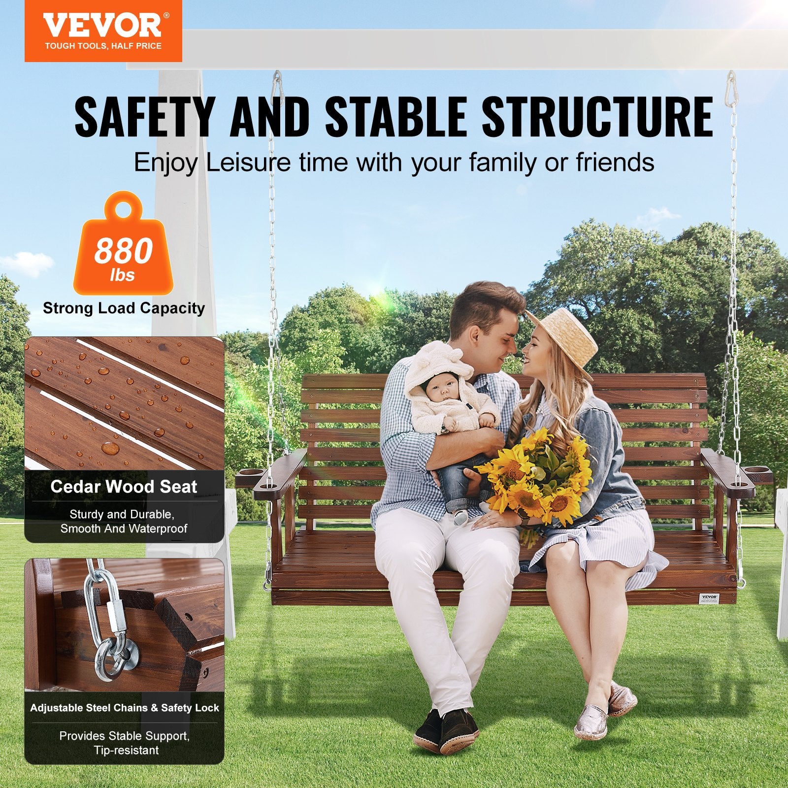 🌿 5.5 Ft Wooden Porch Swing – Heavy Duty Outdoor Patio Bench