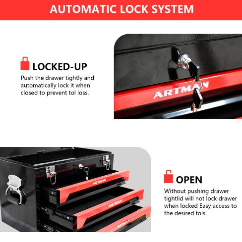 🧰 20" Portable 3-Drawer Steel Tool Box – Heavy-Duty Storage with Metal Latch Closure, Black & Red