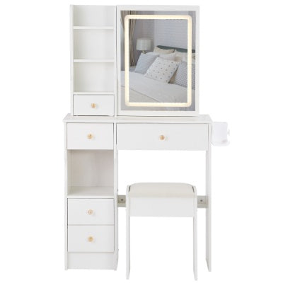 🪞 29.2" Compact Vanity Table with LED Mirror Power Station & Stool