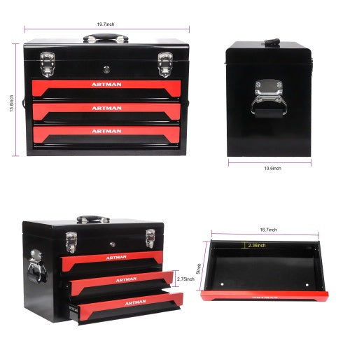 🧰 20" Portable 3-Drawer Steel Tool Box – Heavy-Duty Storage with Metal Latch Closure, Black & Red