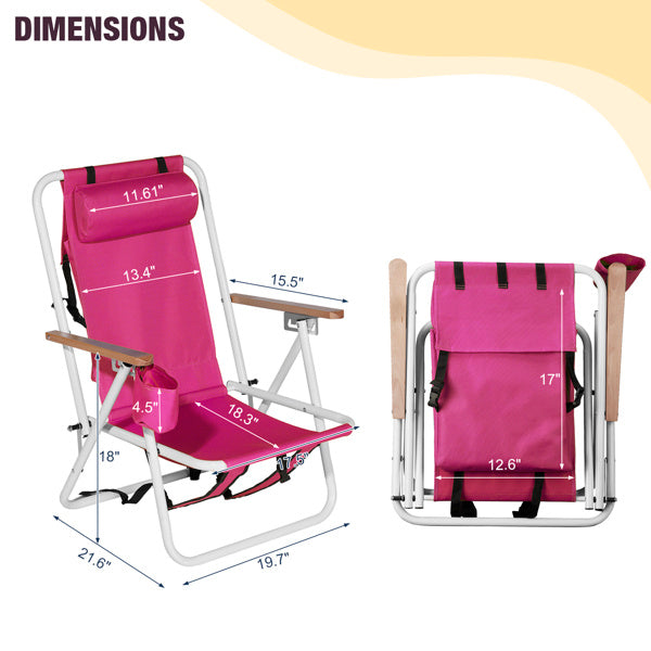 2PCS Folding Beach Chairs – 4-Position Recliner with Backpack Straps, Cup Holder, and Wooden Armrests
