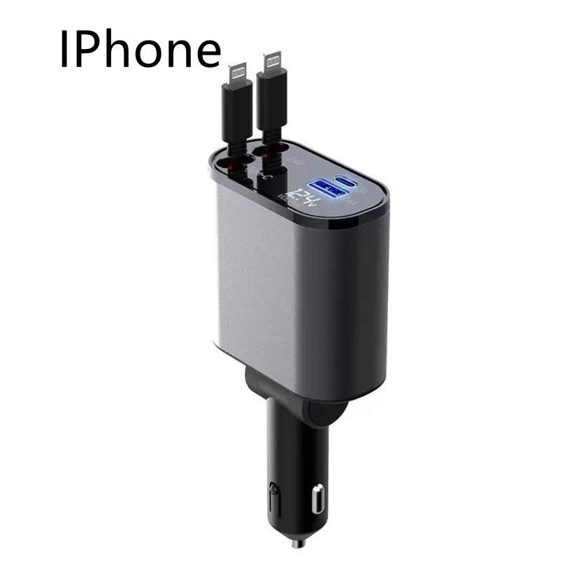 📱 Metal Car Charger ⚡ USB And TYPE-C - Retractable Cable