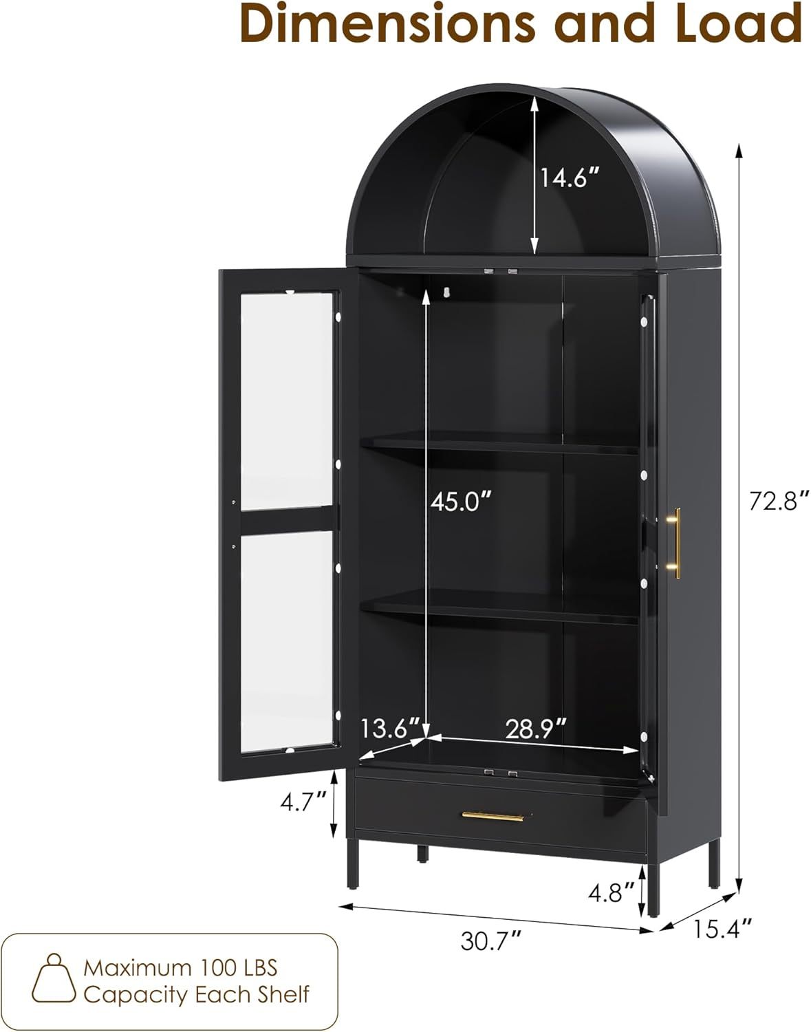 73in" Tall Metal Arched Cabinet with Glass Door