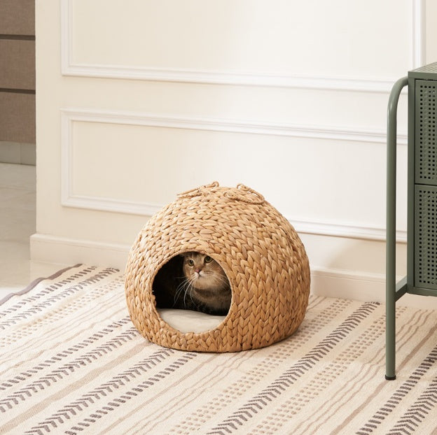 🐾 Weaving Rattan Circular Cat Bed with Handles