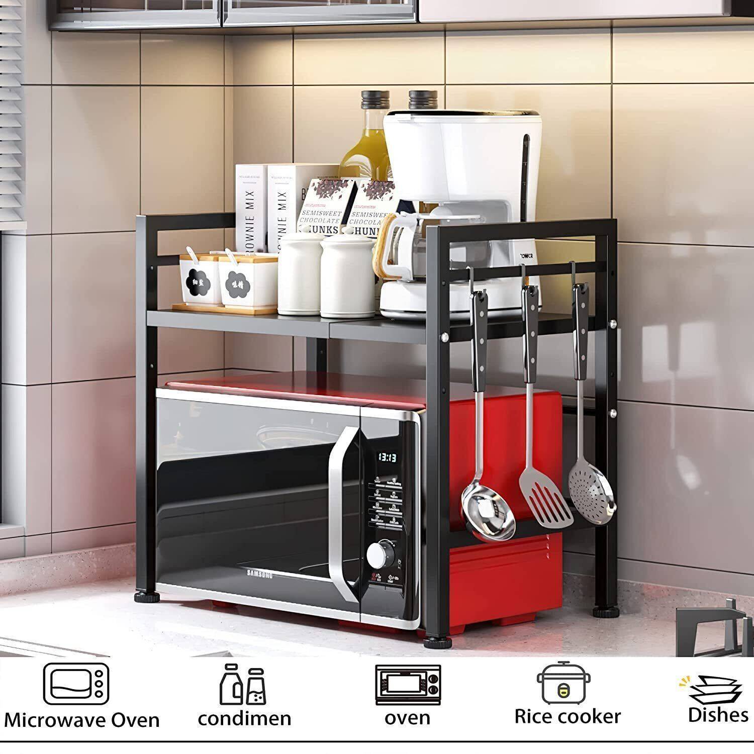 Black Single-Layer Extendable Kitchen Storage Rack – Adjustable Width with 6 Utility Hooks