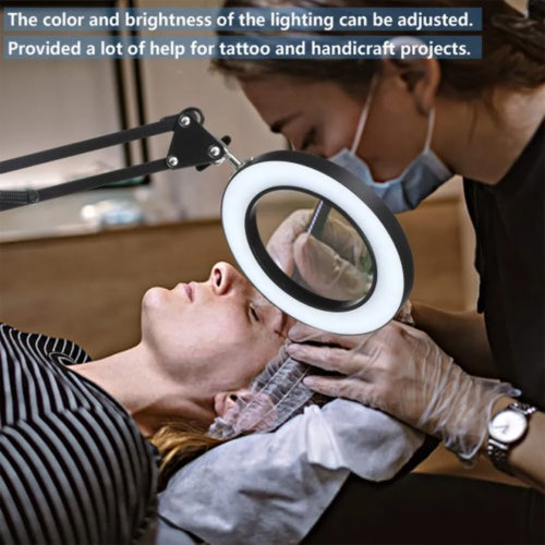 🔍 10X Magnifying Desk Lamp with LED Light – Adjustable Arm, 3 Color Modes, Stepless Dimming, Clip & Base (Black/White)