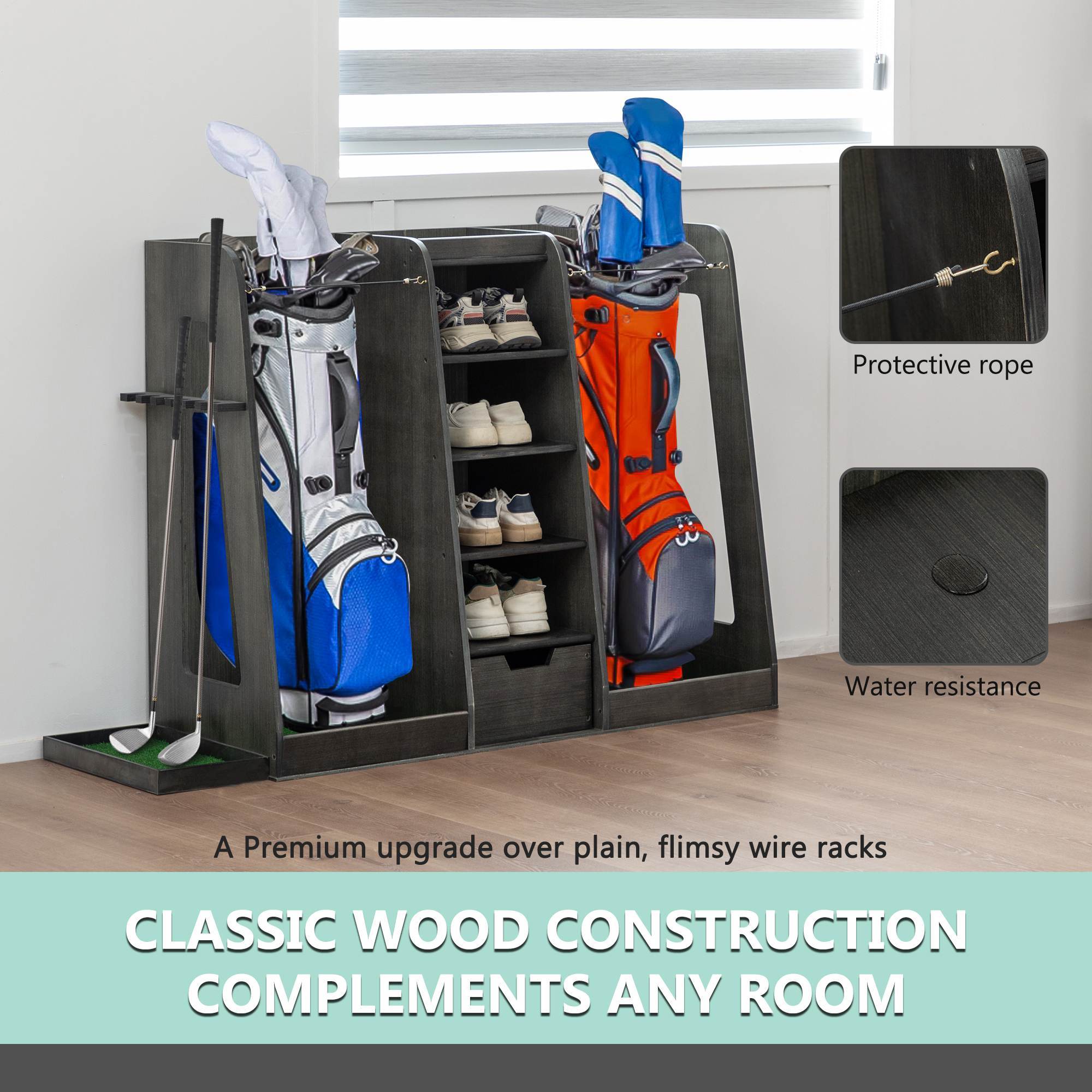 🪵 Premium Wooden Golf Bag Organizer with Drawers & Side Club Holders – Grey