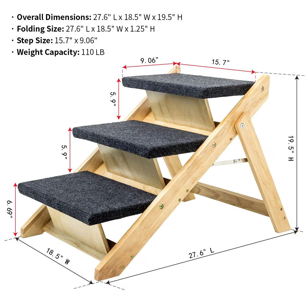 🐾 Foldable Wood Pet Stairs & Ramp – 3-Level Design