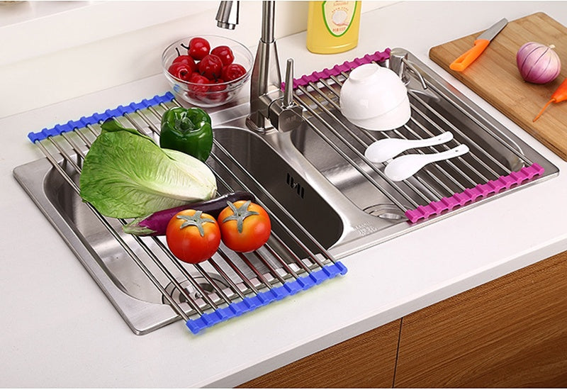 🍽️ Folding Kitchen Sink Rack – Stainless Steel Roll-Up Dish Drying Rack