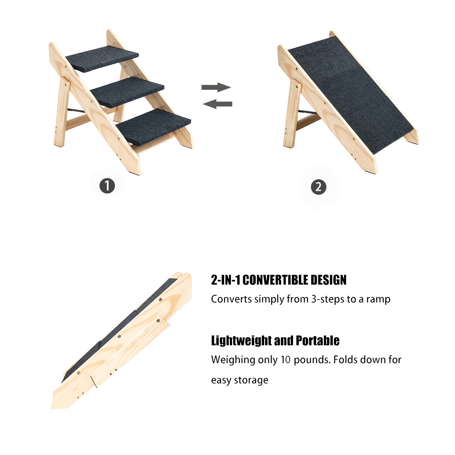 🐾 Foldable Wood Pet Stairs & Ramp – 3-Level Design
