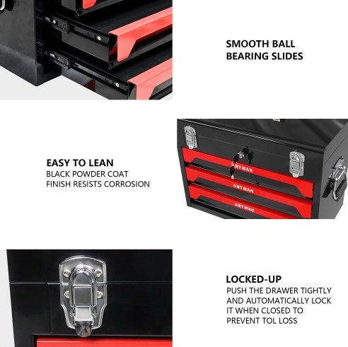 🧰 20" Portable 3-Drawer Steel Tool Box – Heavy-Duty Storage with Metal Latch Closure, Black & Red