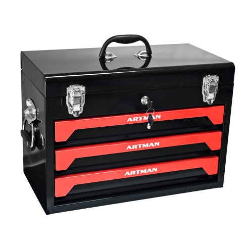 🧰 20" Portable 3-Drawer Steel Tool Box – Heavy-Duty Storage with Metal Latch Closure, Black & Red