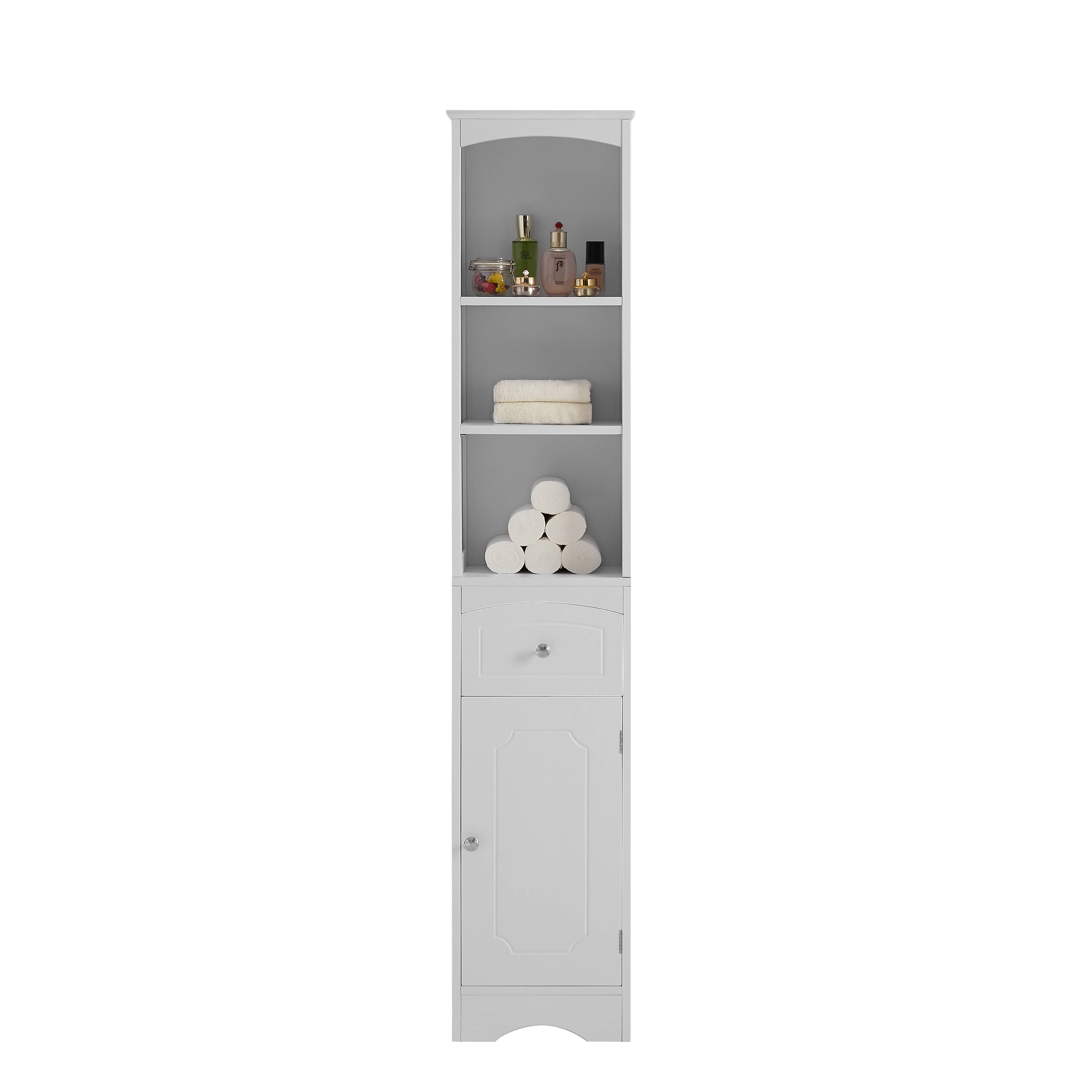 Slim Tall White Bathroom Storage Cabinet – 3-Tier Shelf + Drawer + Door