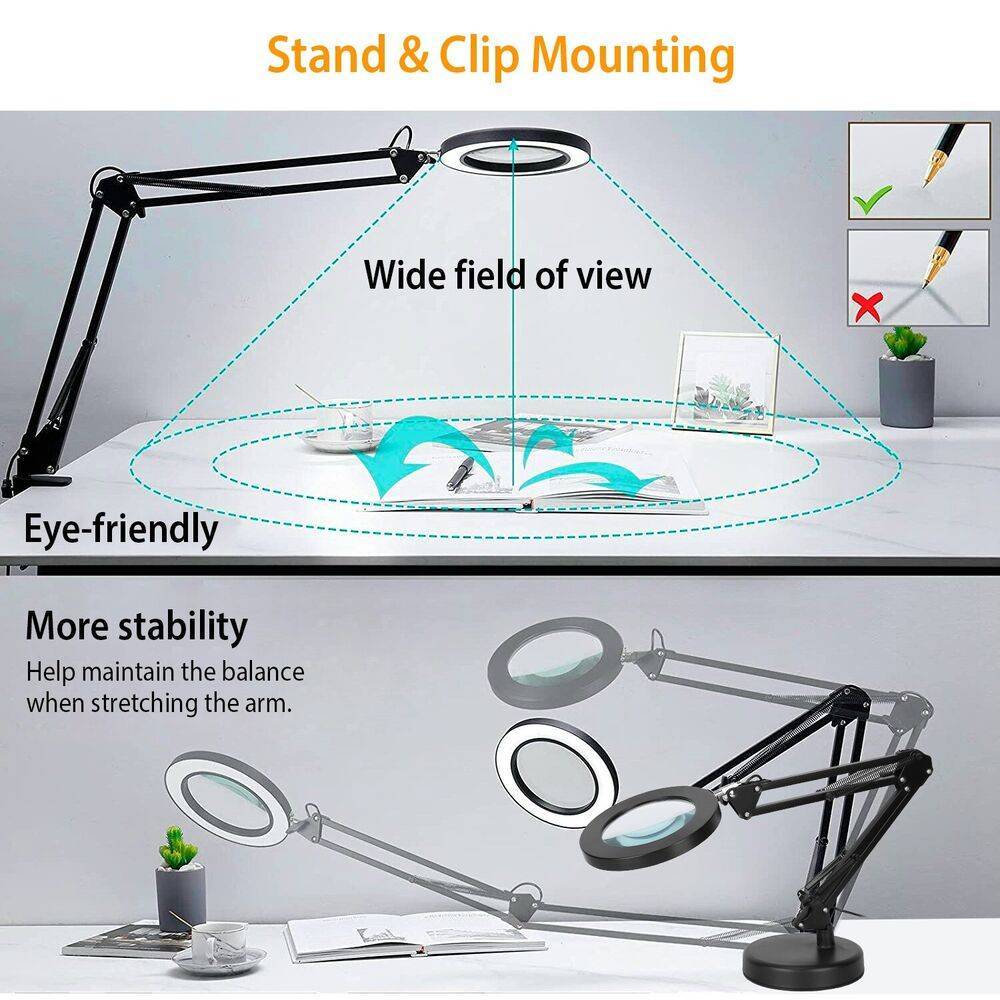 🔍 10X Magnifying Desk Lamp with LED Light – Adjustable Arm, 3 Color Modes, Stepless Dimming, Clip & Base (Black/White)
