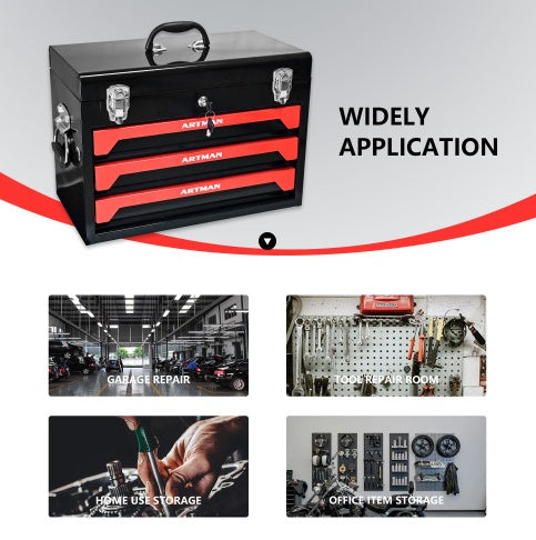 🧰 20" Portable 3-Drawer Steel Tool Box – Heavy-Duty Storage with Metal Latch Closure, Black & Red