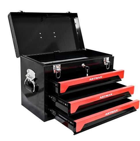 🧰 20" Portable 3-Drawer Steel Tool Box – Heavy-Duty Storage with Metal Latch Closure, Black & Red
