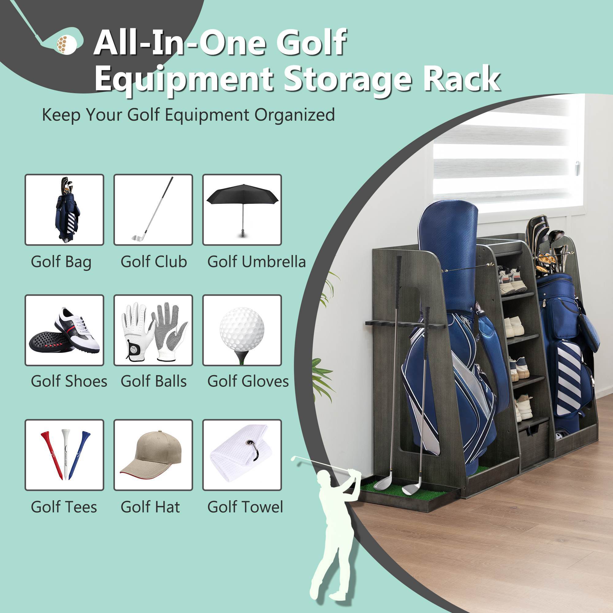 🪵 Premium Wooden Golf Bag Organizer with Drawers & Side Club Holders – Grey