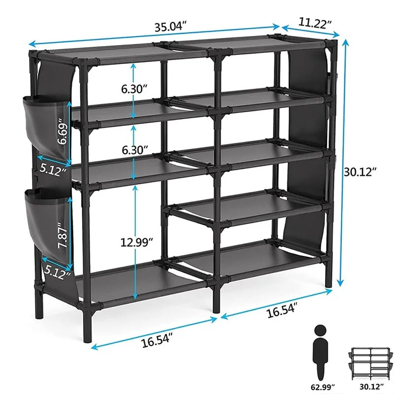 5-Tier Freestanding Shoe Rack with Side Pockets