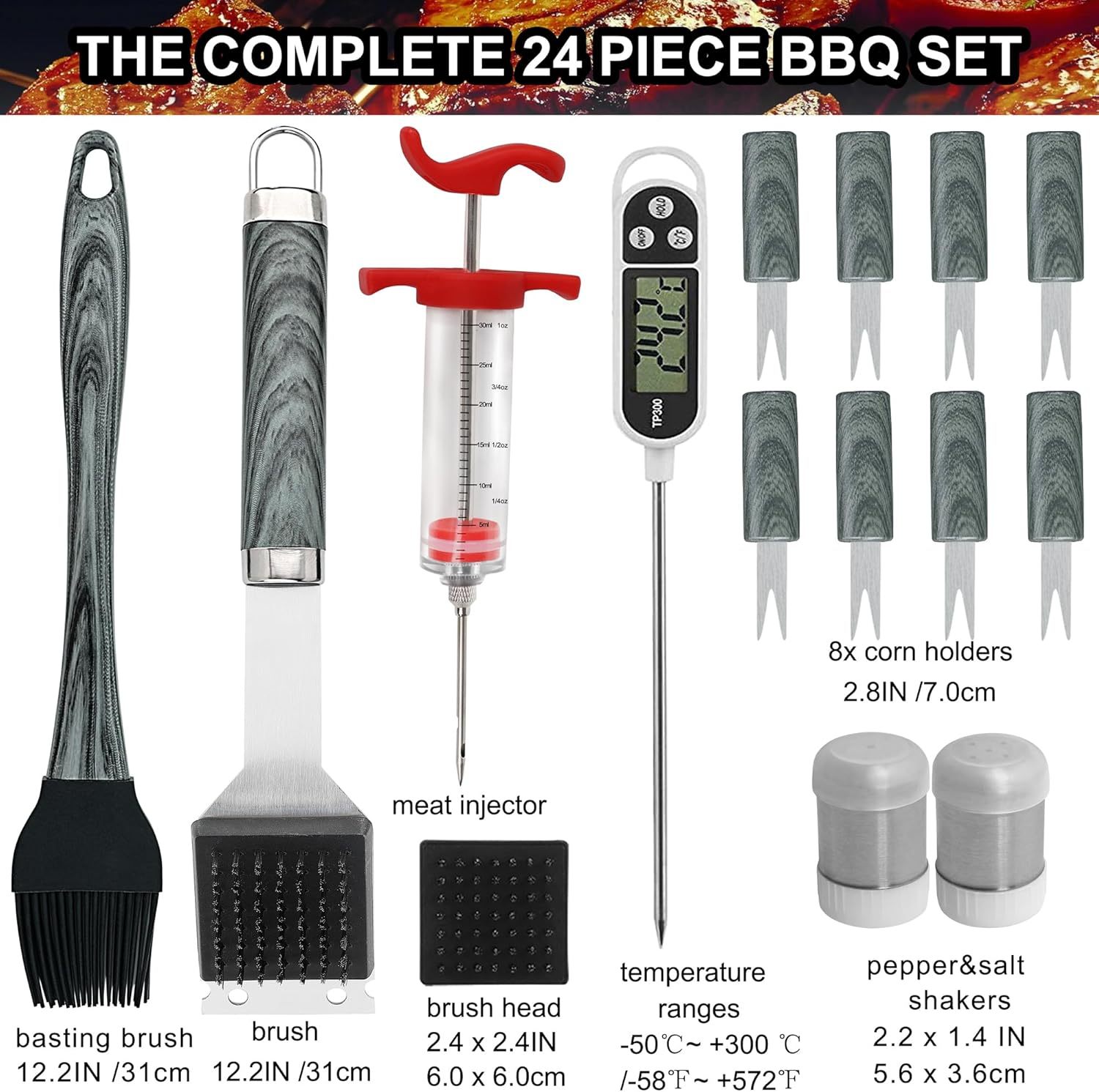 Grilljoy 24PCS BBQ Grill Tools Set with Meat Thermometer & Injector – Heavy-Duty Stainless Steel