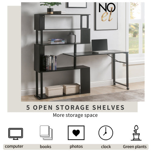 🖥️ L-Shaped Rotating Home Office Computer Desk with 5-Tier Bookshelf