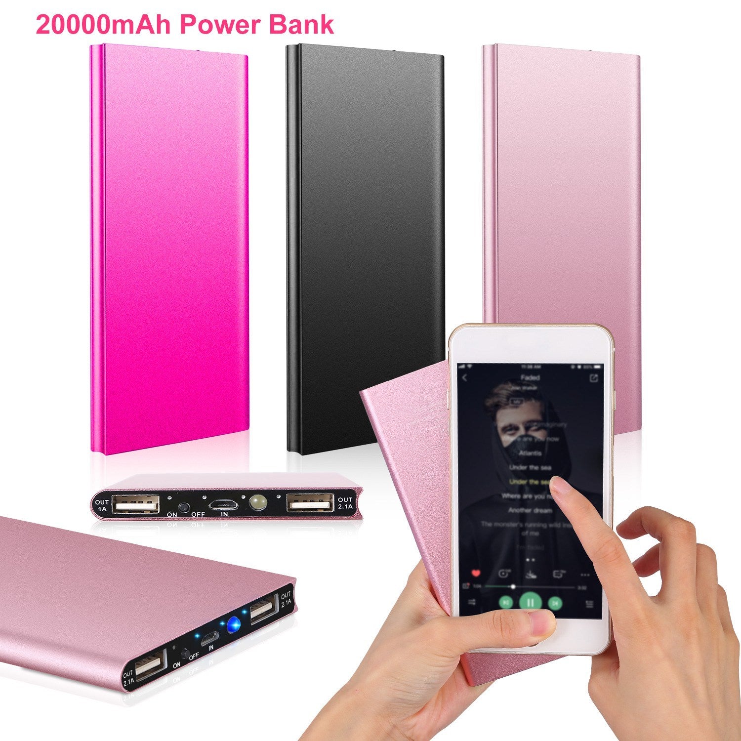 🔋 20,000mAh Ultra-Thin Power Bank - Dual USB & Flashlight