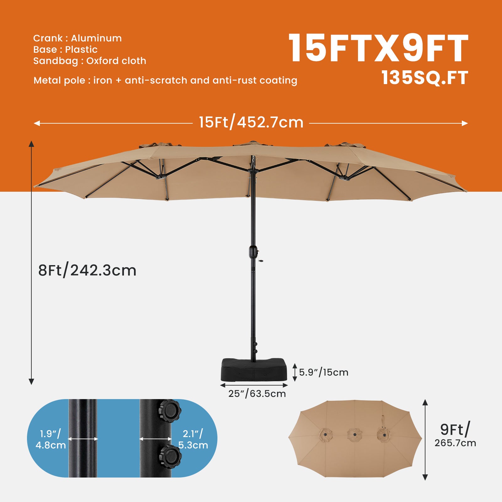 🌞 15FT Large Patio Umbrella with Base – Extra-Wide Sun Shade for Backyard, Deck, Market, or Outdoor Dining