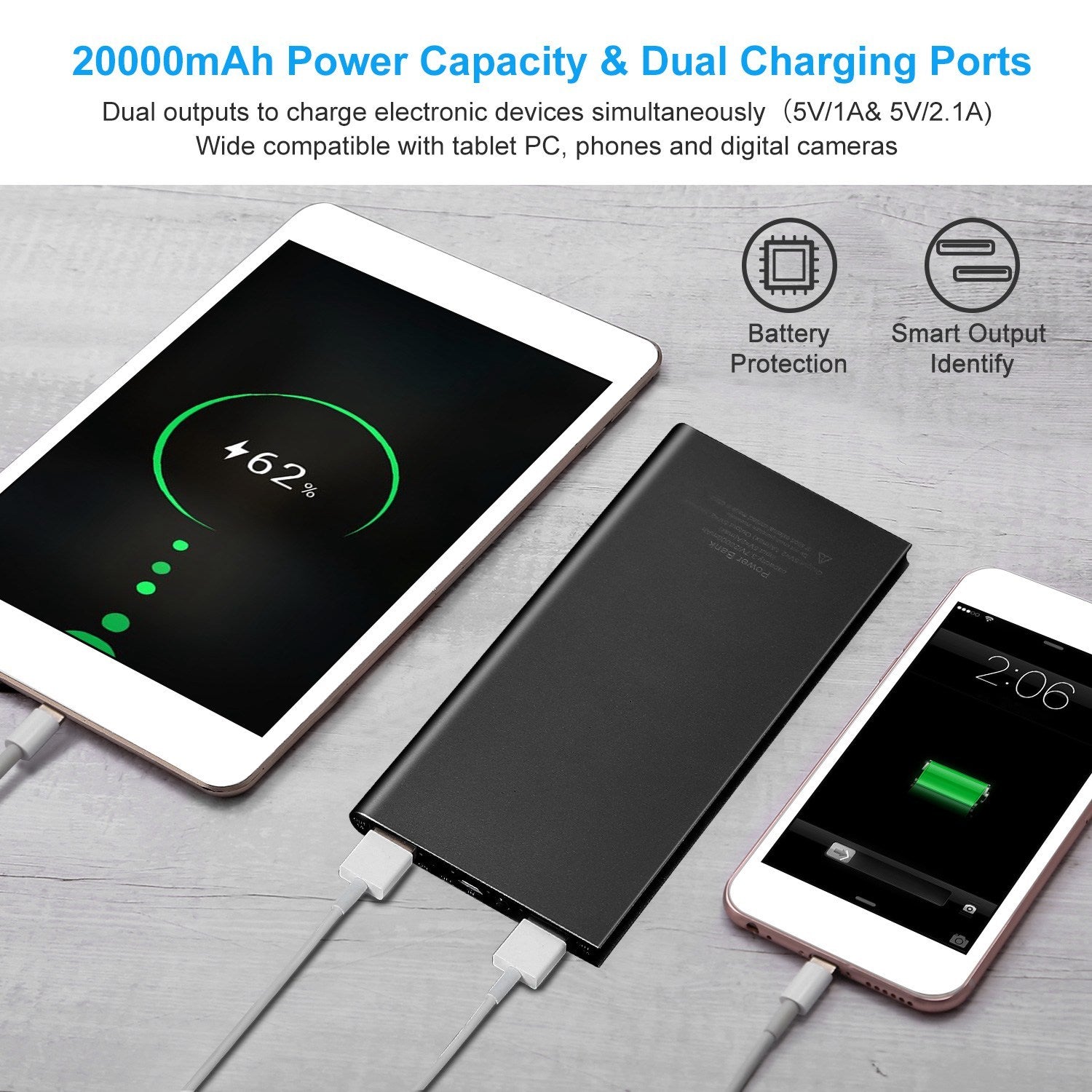 🔋 20,000mAh Ultra-Thin Power Bank - Dual USB & Flashlight
