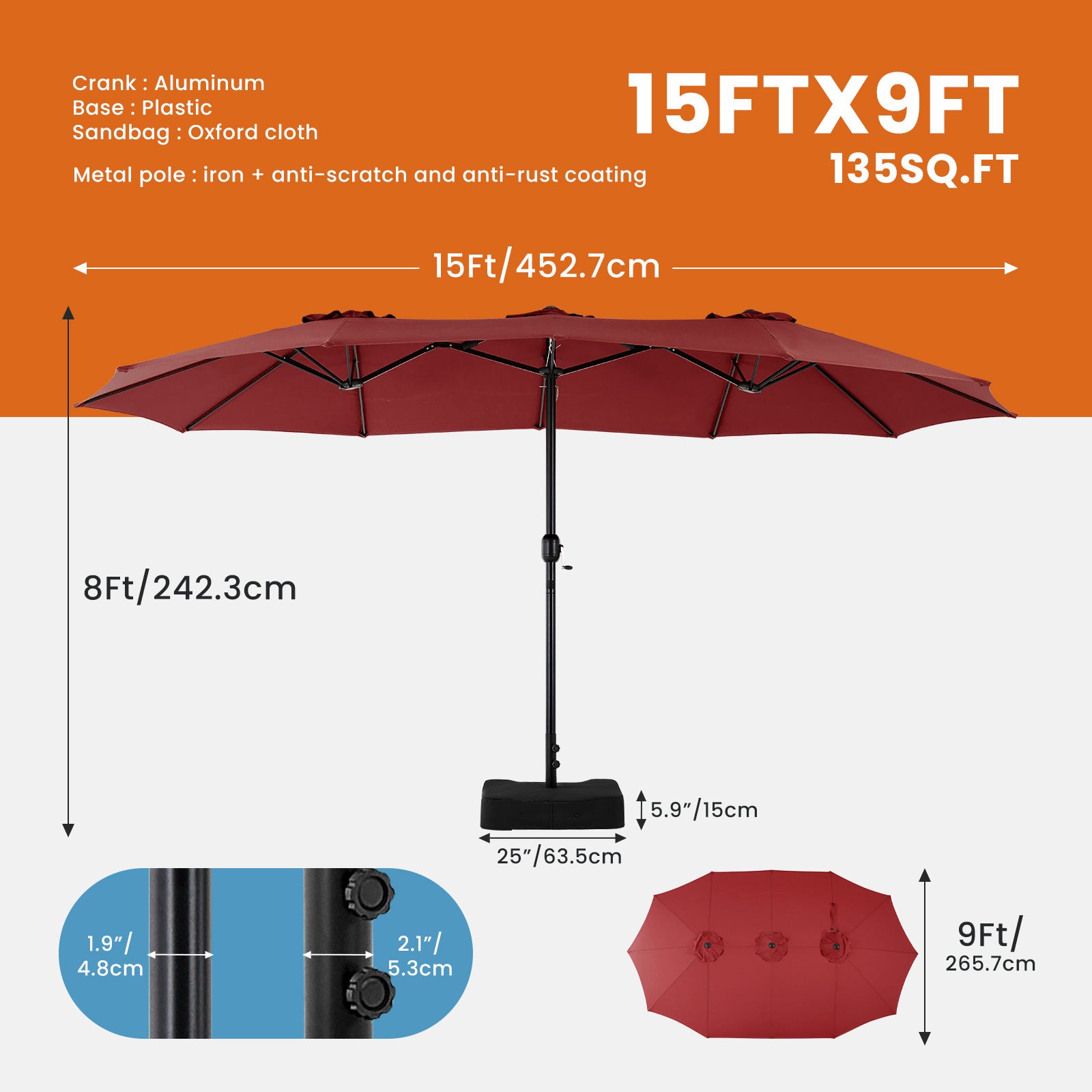 🌞 15FT Large Patio Umbrella with Base – Extra-Wide Sun Shade for Backyard, Deck, Market, or Outdoor Dining