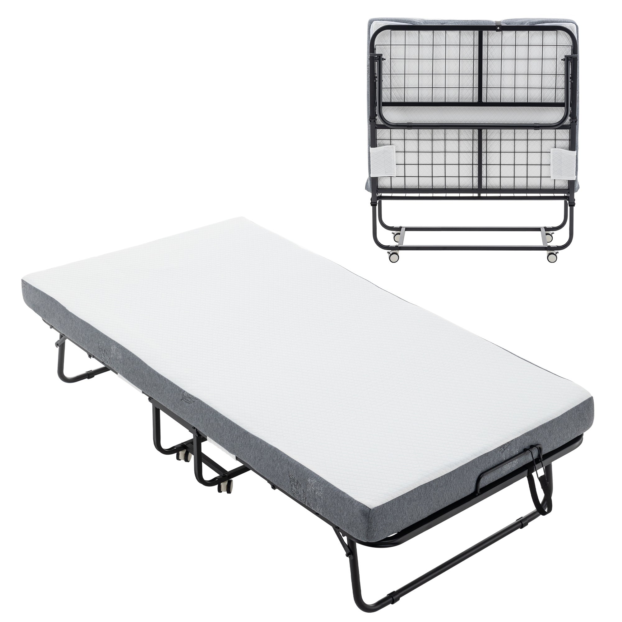 🛏️ Folding Bed Cot with Memory Foam Mattress – Space-Saving Rollaway Guest Bed
