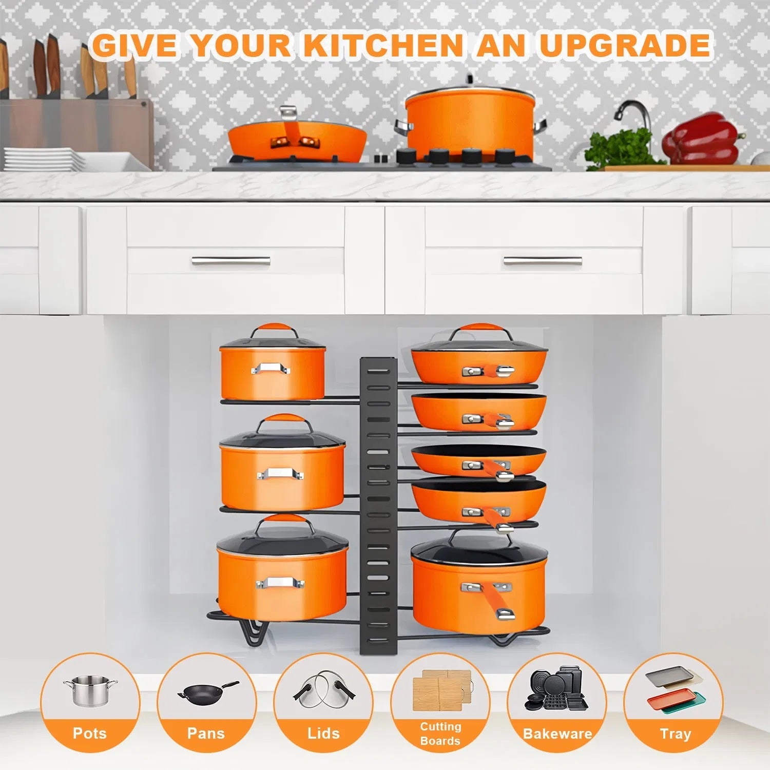 🍳 8-Tier Pot & Pan Organizer Rack – Adjustable, Durable, and Space-Saving