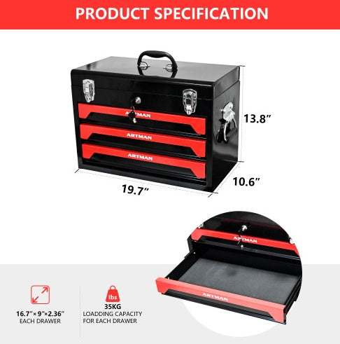 🧰 20" Portable 3-Drawer Steel Tool Box – Heavy-Duty Storage with Metal Latch Closure, Black & Red