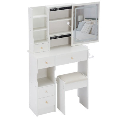 🪞 29.2" Compact Vanity Table with LED Mirror Power Station & Stool