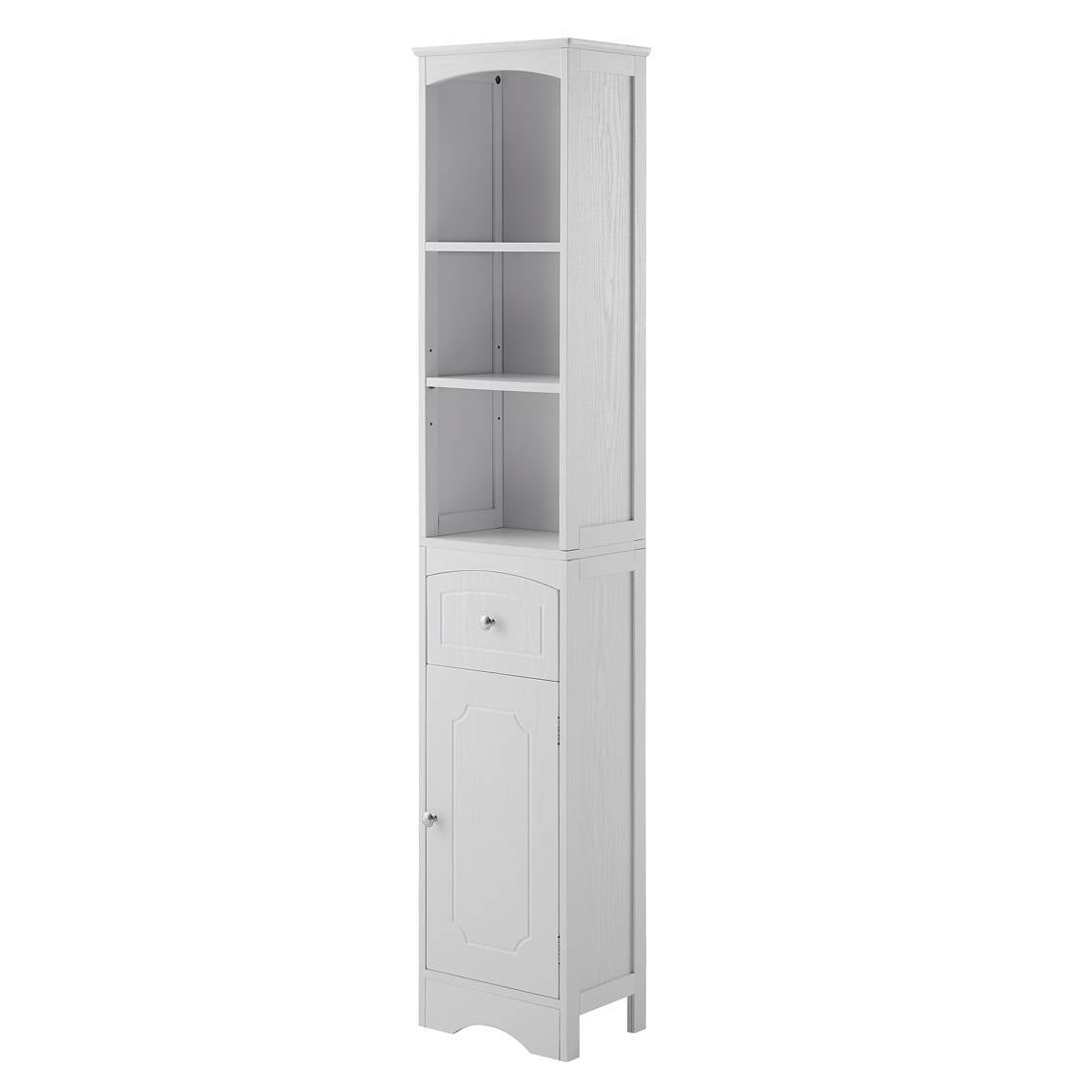 Slim Tall White Bathroom Storage Cabinet – 3-Tier Shelf + Drawer + Door