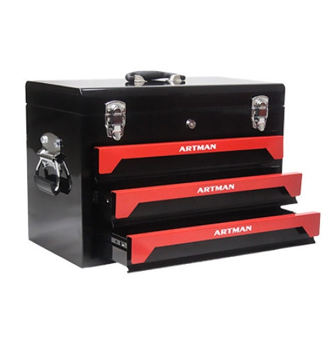🧰 20" Portable 3-Drawer Steel Tool Box – Heavy-Duty Storage with Metal Latch Closure, Black & Red