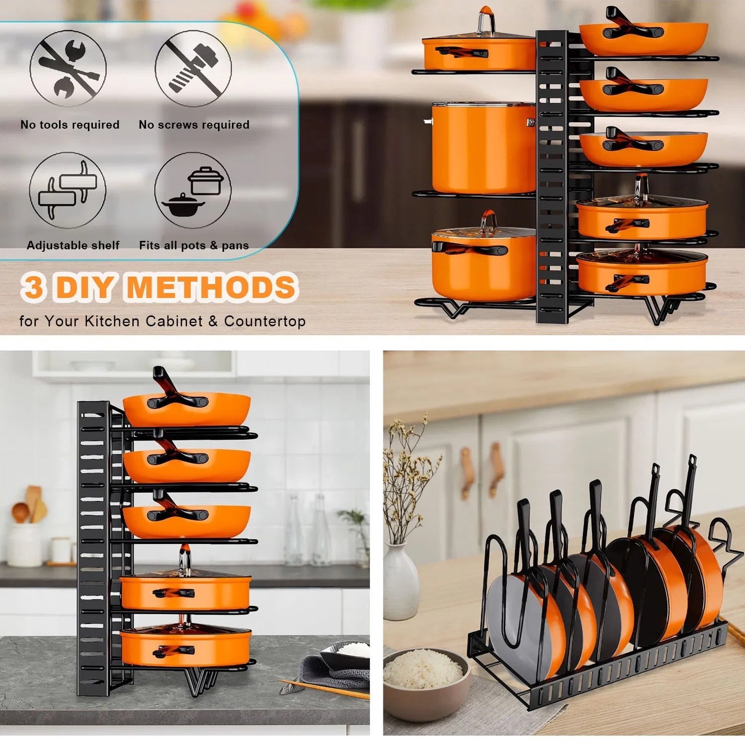 🍳 8-Tier Pot & Pan Organizer Rack – Adjustable, Durable, and Space-Saving