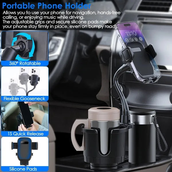 2 In 1 Car Cup & Phone Holder - 360 degree Rotating Gooseneck