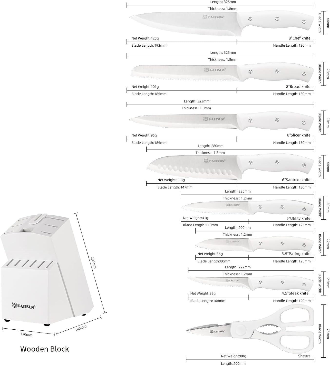 ❄️ 15-Piece Snowy-White High Carbon Stainless Steel Kitchen Knife Set